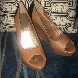 Camel brown and black color block peep toe wedges